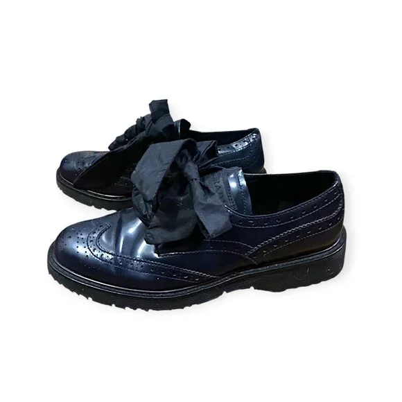Prada Wingtip Oxford Ribbon Tie Shoes Navy Calf Leather 38.5 Early 2000s - Picture 2 of 11